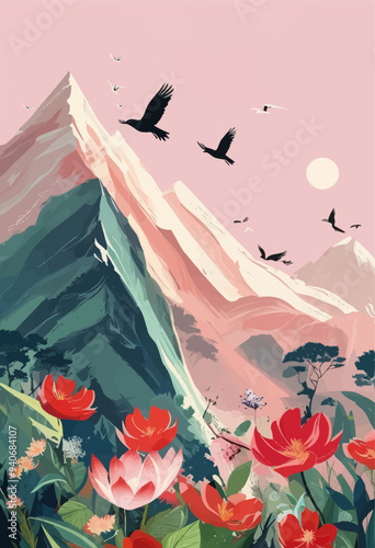 Vibrant Mountainous Landscape with Birds and Flowers