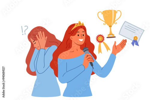 Woman with impostor syndrome experiences stress despite having victories and achievements in life. Psychological problems and impostor syndrome in girl standing near cup and certificate