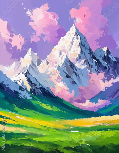 Vibrant Mountainous Landscape with Pink and Purple Clouds