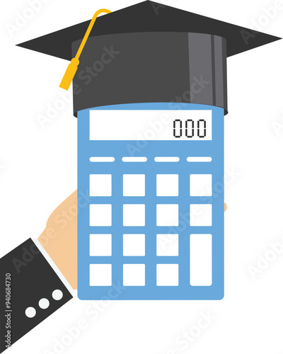 Students standing with mortar board hat calculator or phone. Student loan calculation, education budget allocation, university expense and debt pay off or scholarship payment.

