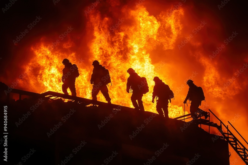Fototapeta premium Silhouetted Firefighters Against a Blazing Inferno