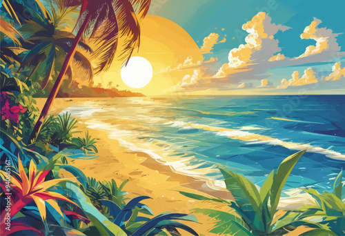 Vibrant Tropical Sunset with Palm Trees and Ocean Waves