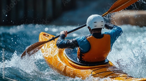 A close-up action shot of a canoeist expertly maneuvering through a tight turn in a slalom course, showing intense focus.