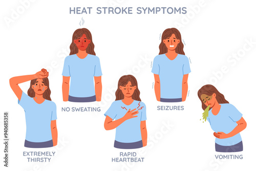 Symptoms of heat stroke are demonstrated by woman with flushed face or elevated temperature. Infographics showing different reactions after heat stroke resulting from prolonged exposure to sun