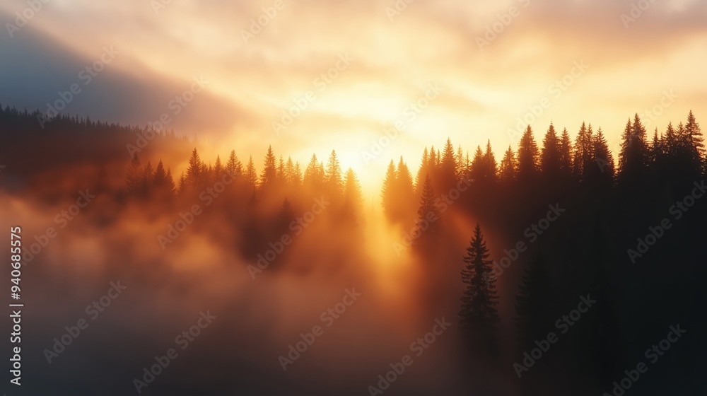 Obraz premium Serene Sunrise Over Foggy Pine Forest Creating a Tranquil and Mystical Landscap