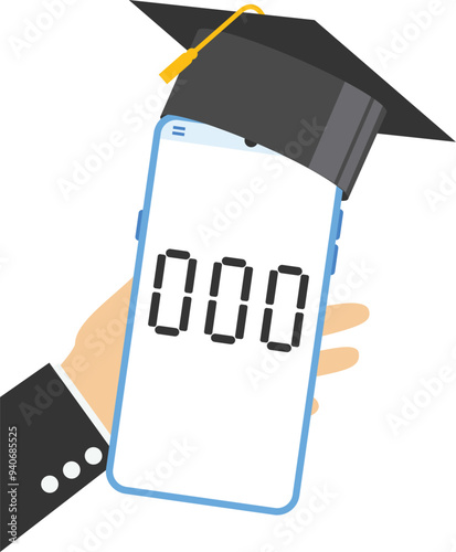 Students standing with mortar board hat calculator or phone. Student loan calculation, education budget allocation, university expense and debt pay off or scholarship payment.

