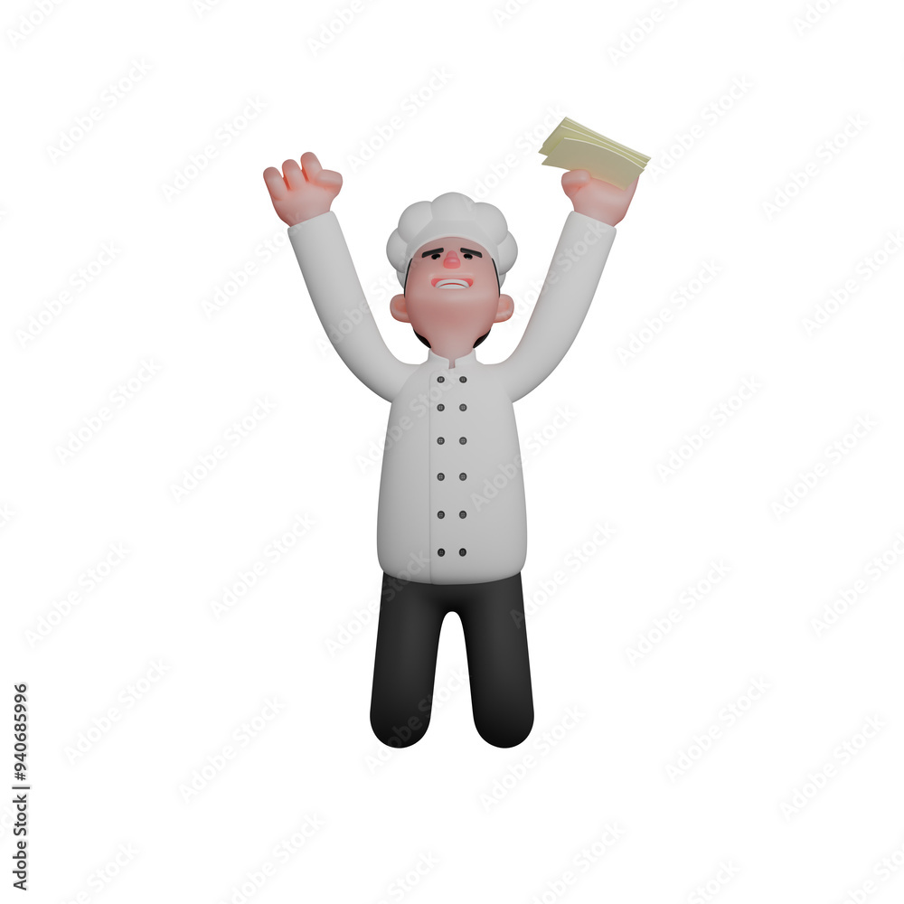 Professional Chef Character in 3D. A chef jumps with joy, raising both hands in the air while holding money in one hand. Male Professional Chef Character in 3D. A chef jumps with joy, raising both hands in the air while holding money in one hand. Male
