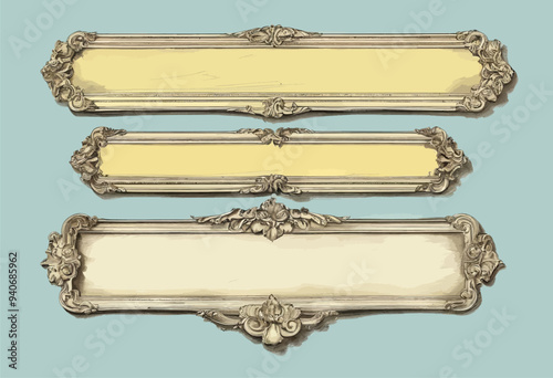 Vintage-style framed mirrors with ornate designs, set of three, against a blue background