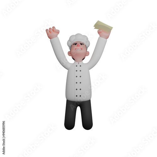 Professional Chef Character in 3D. A chef jumps with joy, raising both hands in the air while holding money in one hand. Male