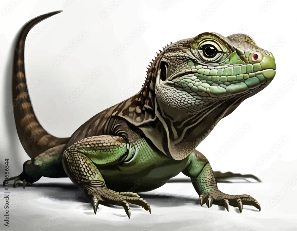 Naklejka premium Vividly detailed 3D rendering of a green iguana with striking red eyes and a patterned tail, posed on a white surface