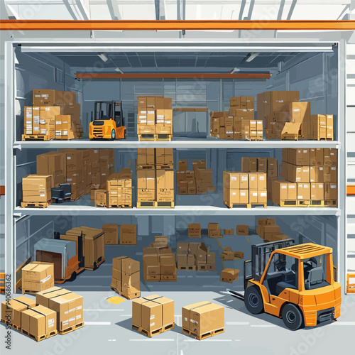 Warehouse Storage: Yellow Forklift and Brown Boxes