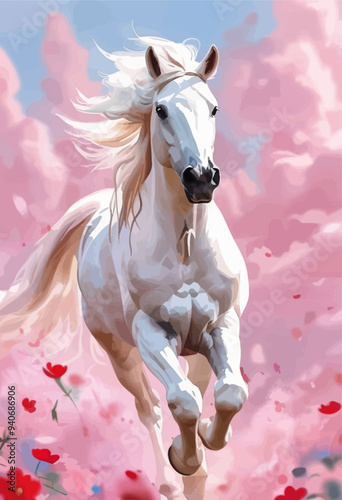 White Horse Running Through a Field of Pink Flowers