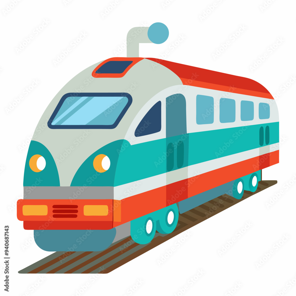 A Modern Train on Tracks with Blue, Red and White Colors A Modern Train on Tracks with Blue, Red and White Colors