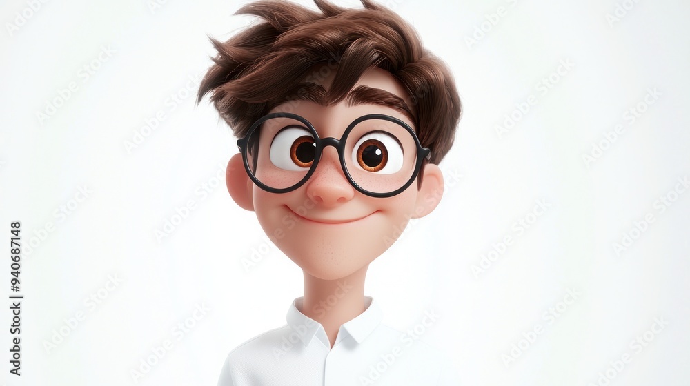 Smiling cartoon boy with round glasses and messy hair on a white background Generative AI