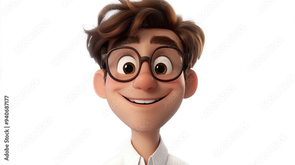 Smiling cartoon boy with round glasses and messy hair on a white background Generative AI Smiling cartoon boy with round glasses and messy hair on a white background Generative AI