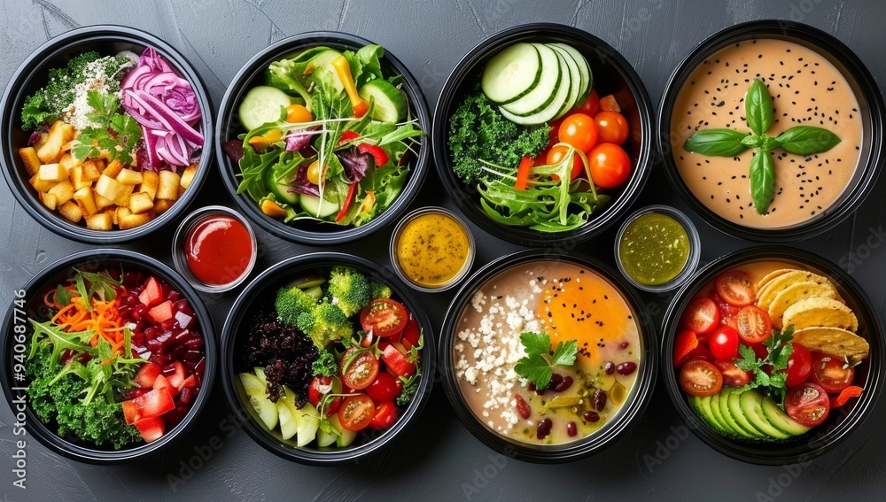 A table full of food with a variety of vegetables and sauces