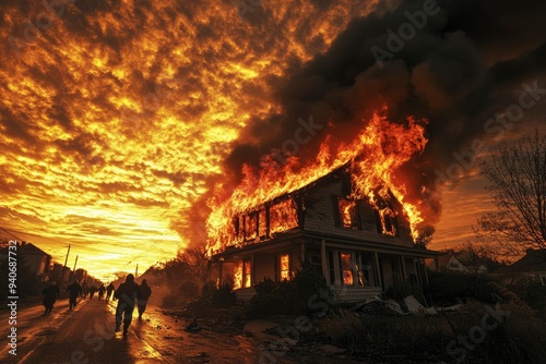 A Residential Home Engulfed in Flames with Silhouetted Figures Evacuating on a Street