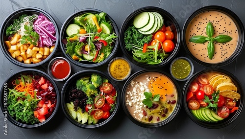 A table full of food with a variety of vegetables and sauces