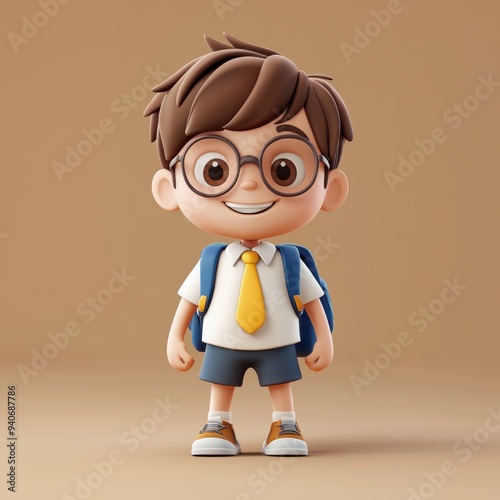 Cute cartoon schoolboy with glasses wearing a backpack and uniform on a white background Generative AI