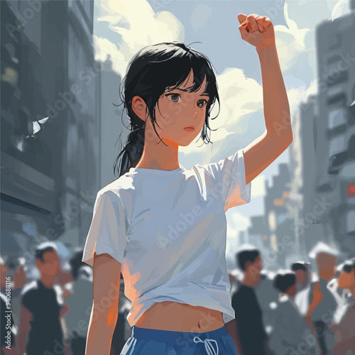 Young Woman Raising Her Fist in a City Street