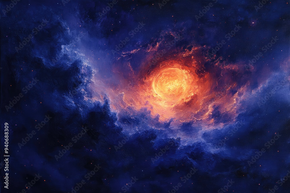 Obraz premium A fiery vortex emerges from the depths of space, surrounded by swirling clouds and a scattering of stars.