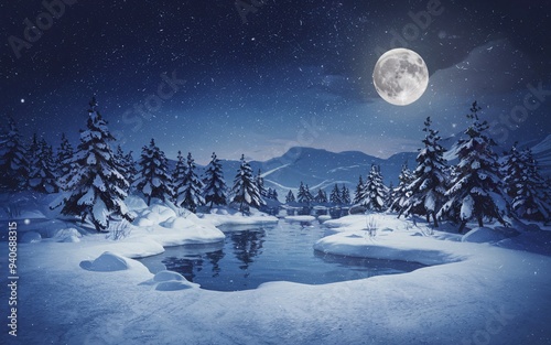 Snowy Night Scene with Glowing Moon and Space for Text, Christmas Background