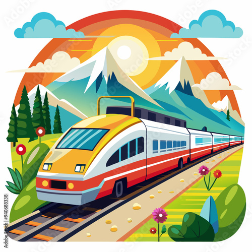 A Train Traveling Through a Mountainous Landscape Under a Sunset
