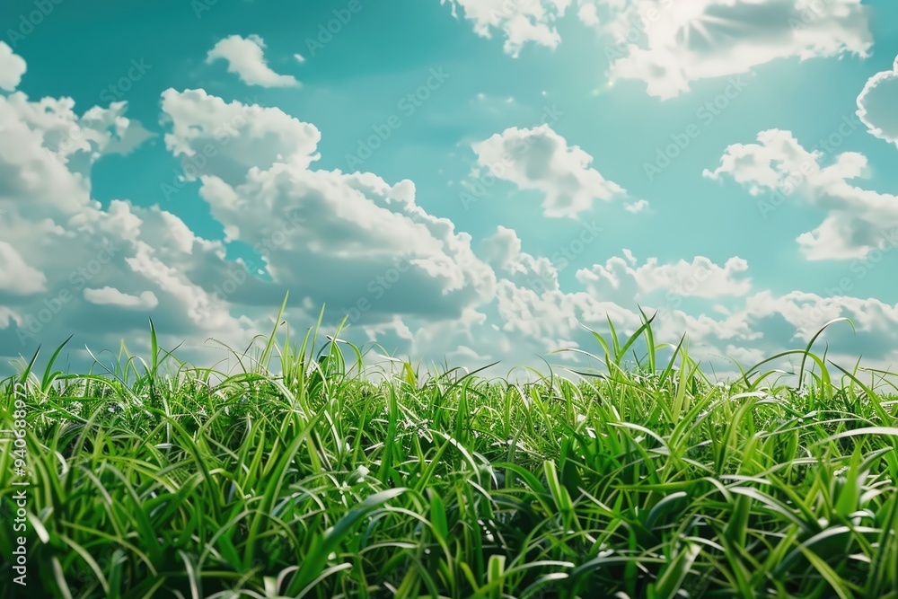 Fototapeta premium Roadside view and green grass on blue sky.