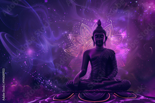 Beautiful greeting card with ancient statue great Buddha to bright holiday composition
