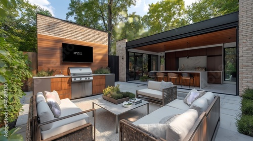 An outdoor patio with a smart grill, automated lighting, and a weatherproof TV for entertaining guests. The area is elegantly designed, with comfortable seating and greenery.