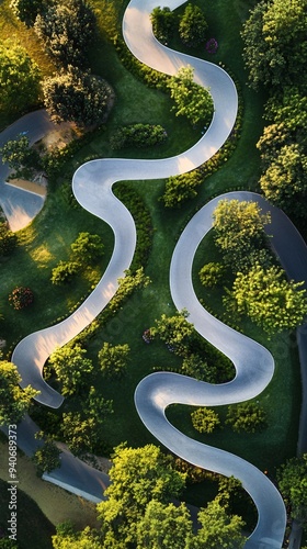 An aerial view of a cycling track meandering through a park, showcasing the sharp curves and inviting pathways