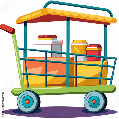 A Cartoon Shopping Cart Filled With Boxes And Cups