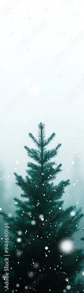 Snowy evergreen tree standing in a foggy winter forest, capturing the serene beauty of a peaceful, snowy day. Snowy evergreen tree standing in a foggy winter forest, capturing the serene beauty of a peaceful, snowy day.