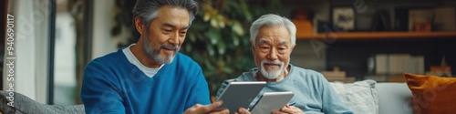 Compassionate Male Nurse Demonstrating Digital Technology to Elderly Patient in Comfortable Home Setting. Enhancing Senior Care through Interactive Tablet Sessions, Promoting Mental Stimulation and Jo
