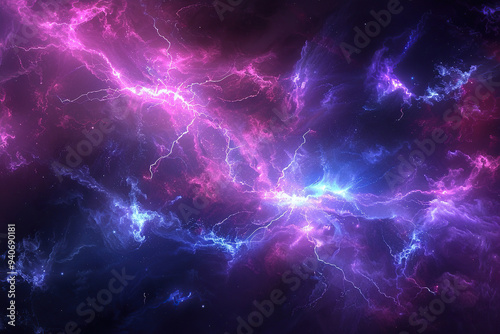 Generative ai on theme of scary bright electric lightning bolt with branches in the night dark sky