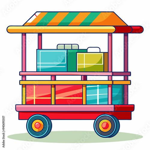 Colorful Cartoon Cart with Boxes and Striped Canopy