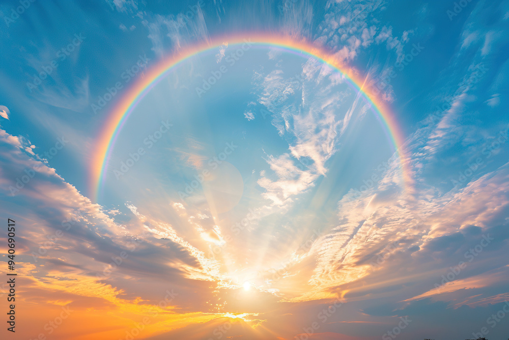 Generative ai on theme of beautiful tranquil landscape with magical bright rainbow at cloudy sky Generative ai on theme of beautiful tranquil landscape with magical bright rainbow at cloudy sky