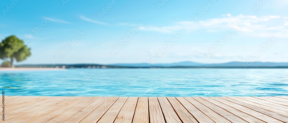 Fototapeta premium A wooden deck by a body of water Palm tree on opposite shore Beach in background