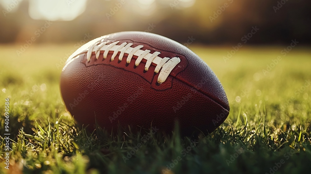 A close-up of a football resting on a grassy field with sunlight glistening on its surface A close-up of a football resting on a grassy field with sunlight glistening on its surface
