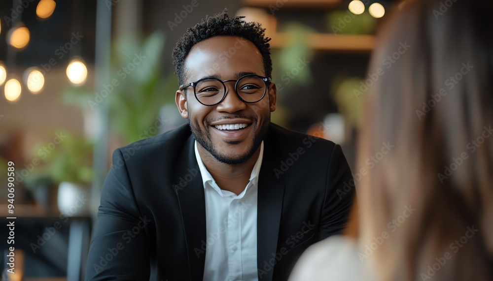 Cheerful African American man with glasses and a black suit engaging with an unrecognizable female guest at a podcast table in a studio, medium shot Cheerful African American man with glasses and a black suit engaging with an unrecognizable female guest at a podcast table in a studio, medium shot