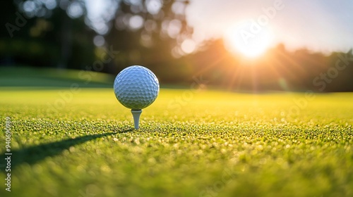 A close-up of a golf ball resting on a tee on a perfectly manicured green with soft sunlight illuminating the scene
