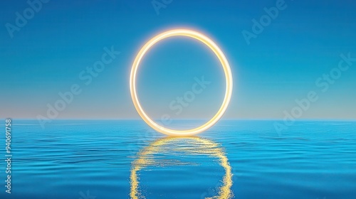 A glowing ring of light balancing perfectly on the surface of still water, reflecting a bright, clear sky, Minimalist, High Contrast, Photorealistic