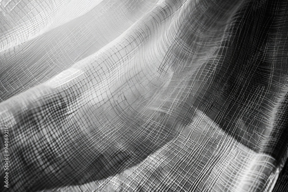 A closeup of white sheer fabric with a grid pattern. A closeup of white sheer fabric with a grid pattern.