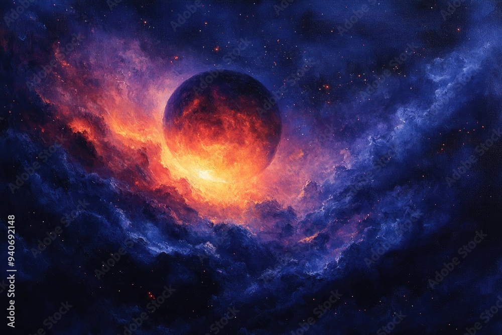 A fiery planet erupts in a starry sky with nebulae. A fiery planet erupts in a starry sky with nebulae.