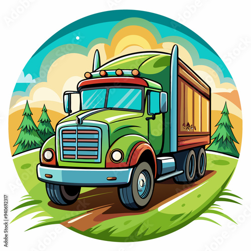 Green Semi-Truck on a Country Road at Sunset