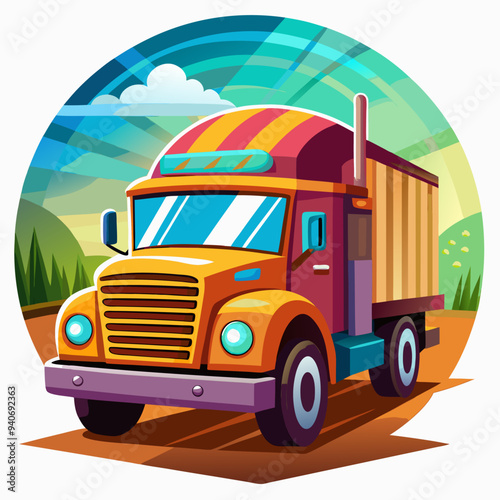 Cartoon Illustration of a Yellow Semi Truck Driving on a Dirt Road