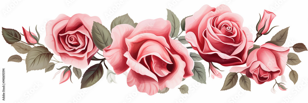 rose flowers and leaves on white background