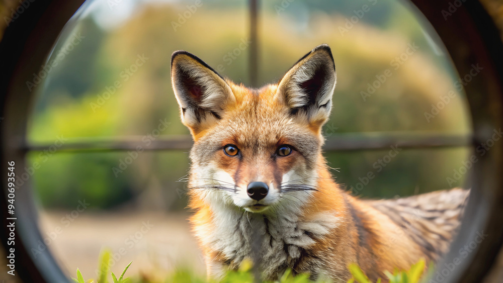 Fototapeta premium A fox in the forest is captured in the sights of a hunter watching it through an optical device. 