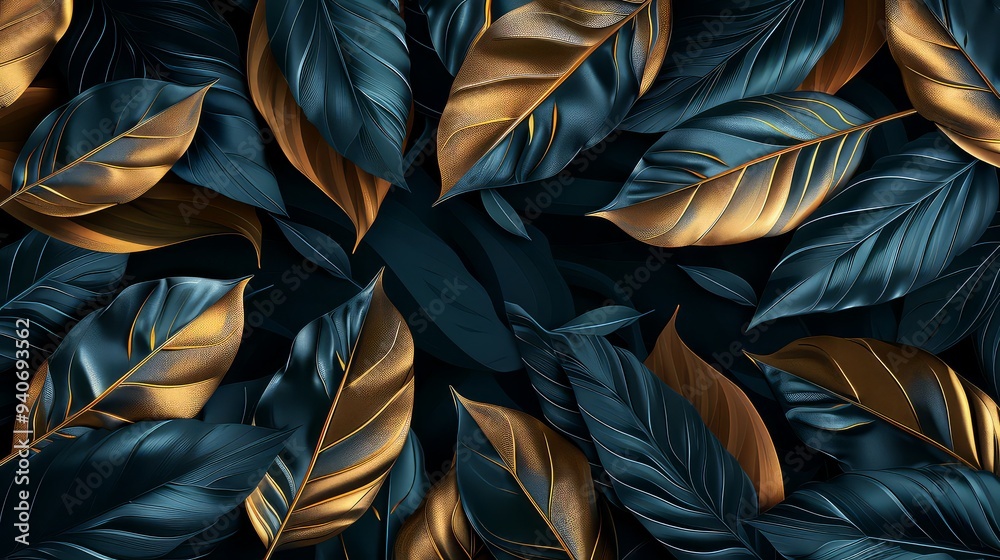 Tropical leaves of dark blue and green color, shiny golden light texture. Luxurious gold wallpaper. Black and gold background. Tropical leaves of dark blue and green color, shiny golden light texture. Luxurious gold wallpaper. Black and gold background.
