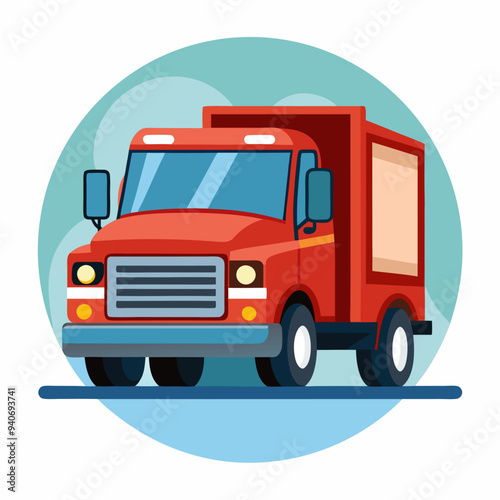 Red Delivery Truck with Blank Side Panel on a Blue Circular Background